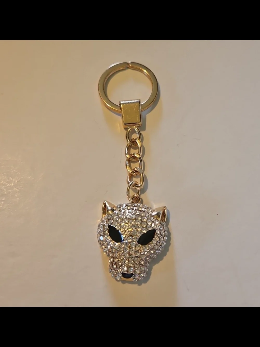 Crystal Panther Head Keychain - Gold and Clear Rhinestones